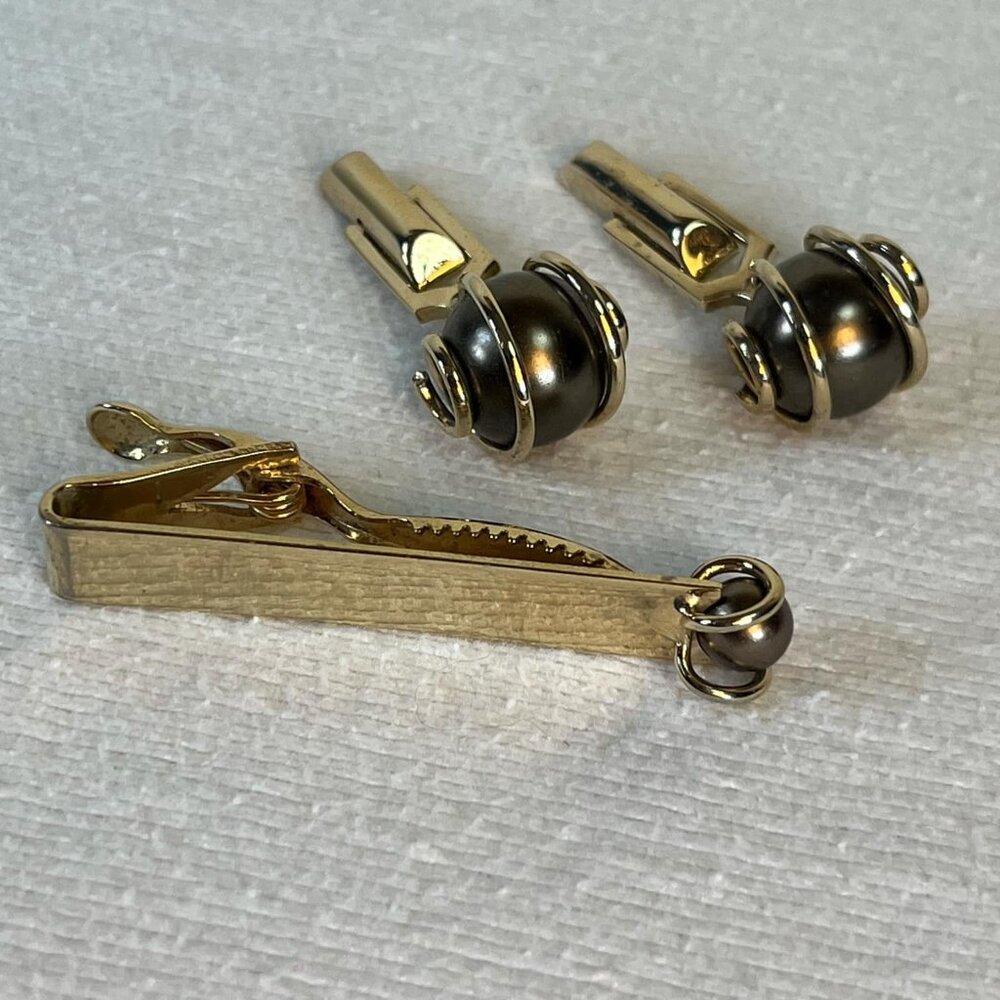 Vintage SWANK Gold Tone w/ Gray Pearl/Bead Cuff Link Tie Tac Set Formal Wedding